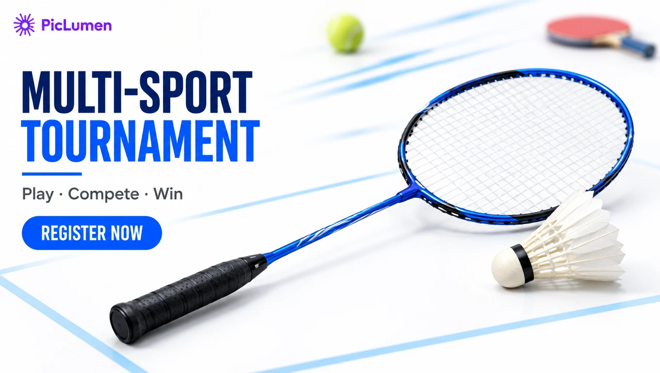 Multi-Sport Tournament flyer with a badminton racket, made with PicLumen.